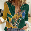 Personalized Kookaburras Field Hockey Kangaroo Women Casual Shirt Australian Flag Map With Abstract Green And Gold Wave Pattern