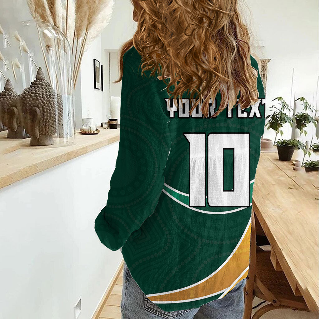 Personalized Kookaburras Field Hockey Kangaroo Women Casual Shirt Australian Flag Map With Abstract Green And Gold Wave Pattern