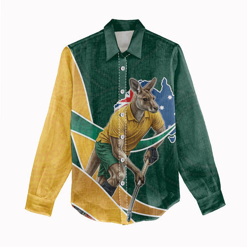 Personalized Kookaburras Field Hockey Kangaroo Women Casual Shirt Australian Flag Map With Abstract Green And Gold Wave Pattern