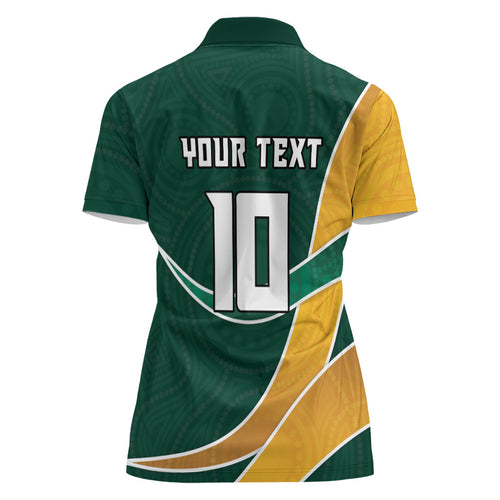 Personalized Kookaburras Field Hockey Kangaroo Women Polo Shirt Australian Flag Map With Abstract Green And Gold Wave Pattern