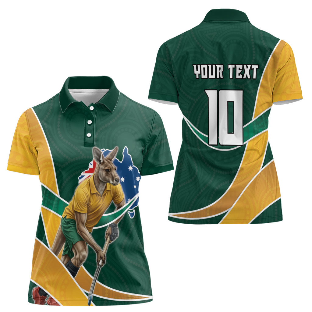 Personalized Kookaburras Field Hockey Kangaroo Women Polo Shirt Australian Flag Map With Abstract Green And Gold Wave Pattern