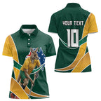 Personalized Kookaburras Field Hockey Kangaroo Women Polo Shirt Australian Flag Map With Abstract Green And Gold Wave Pattern