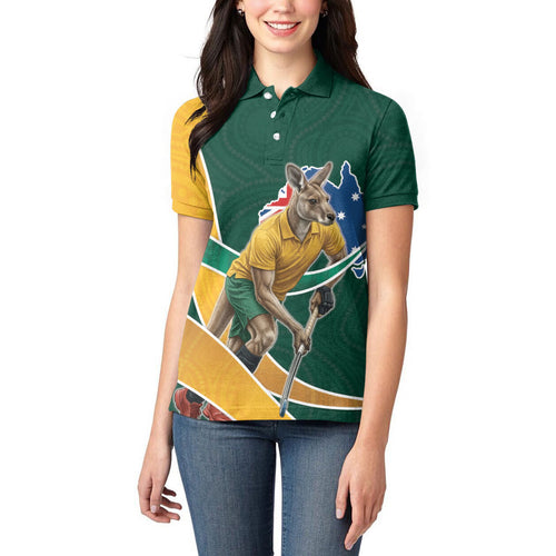 Personalized Kookaburras Field Hockey Kangaroo Women Polo Shirt Australian Flag Map With Abstract Green And Gold Wave Pattern