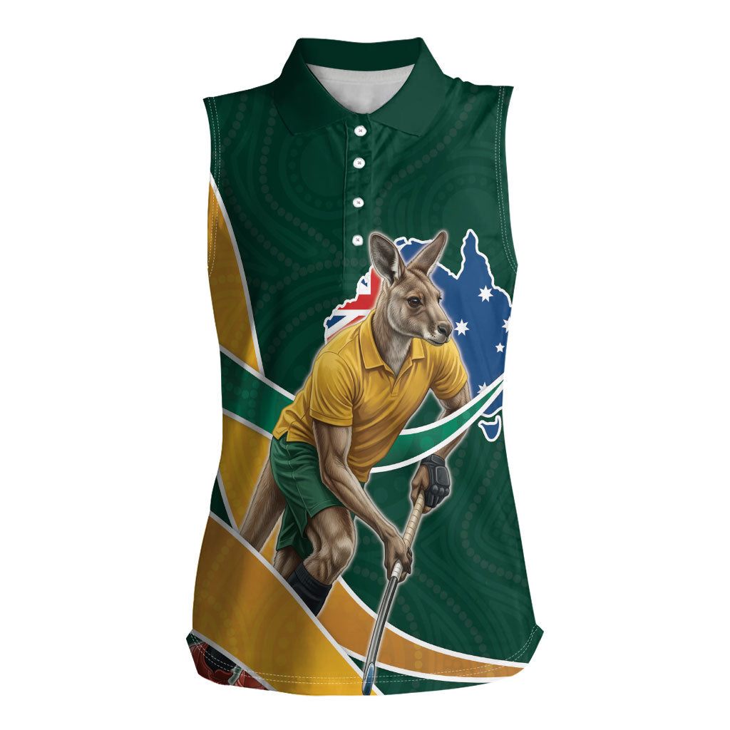 Personalized Kookaburras Field Hockey Kangaroo Women Sleeveless Polo Shirt Australian Flag Map With Abstract Green And Gold Wave Pattern