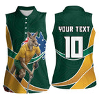 Personalized Kookaburras Field Hockey Kangaroo Women Sleeveless Polo Shirt Australian Flag Map With Abstract Green And Gold Wave Pattern