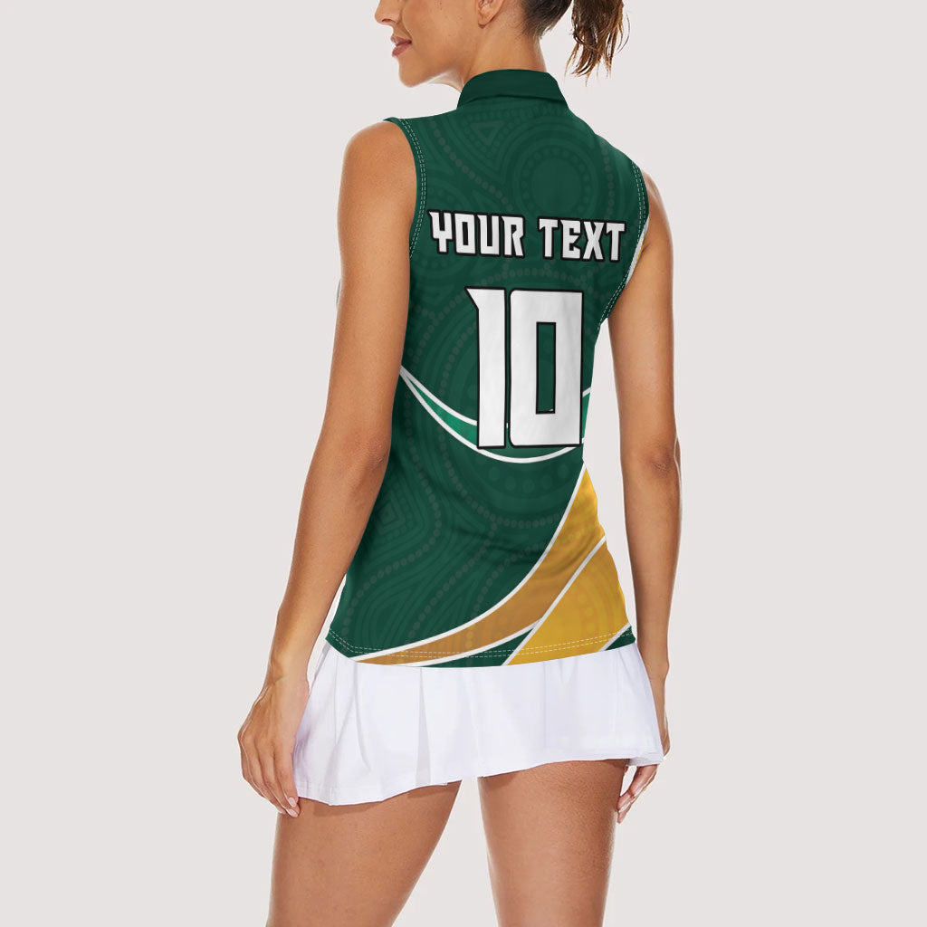 Personalized Kookaburras Field Hockey Kangaroo Women Sleeveless Polo Shirt Australian Flag Map With Abstract Green And Gold Wave Pattern