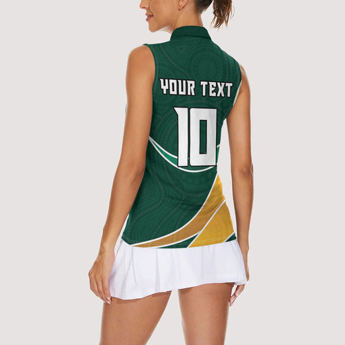 Personalized Kookaburras Field Hockey Kangaroo Women Sleeveless Polo Shirt Australian Flag Map With Abstract Green And Gold Wave Pattern