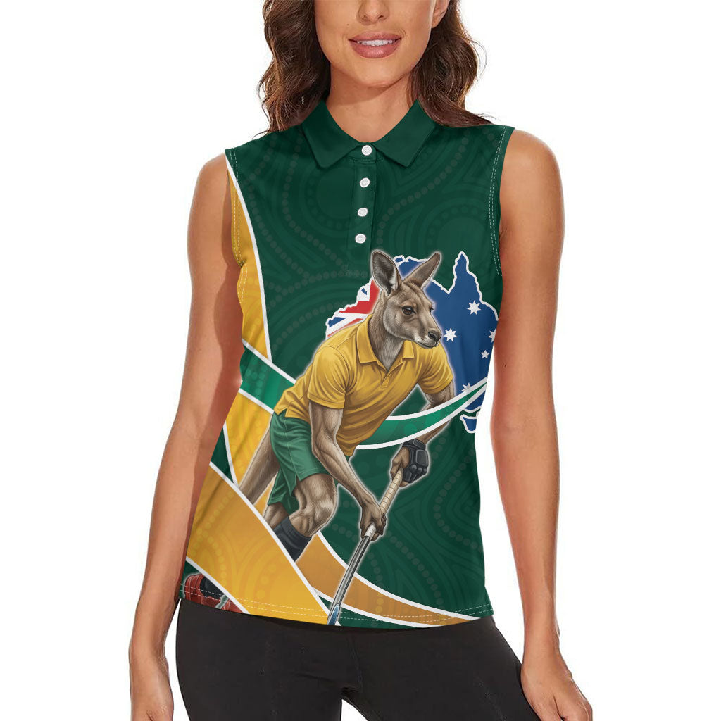 Personalized Kookaburras Field Hockey Kangaroo Women Sleeveless Polo Shirt Australian Flag Map With Abstract Green And Gold Wave Pattern