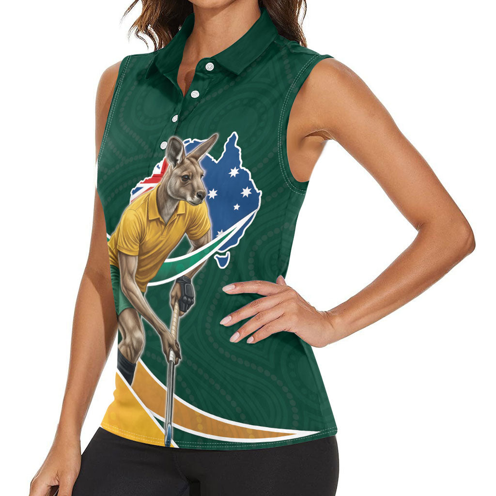 Personalized Kookaburras Field Hockey Kangaroo Women Sleeveless Polo Shirt Australian Flag Map With Abstract Green And Gold Wave Pattern
