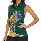 Personalized Kookaburras Field Hockey Kangaroo Women Sleeveless Polo Shirt Australian Flag Map With Abstract Green And Gold Wave Pattern