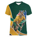 Personalized Kookaburras Field Hockey Kangaroo Women V-Neck T-Shirt Australian Flag Map With Abstract Green And Gold Wave Pattern