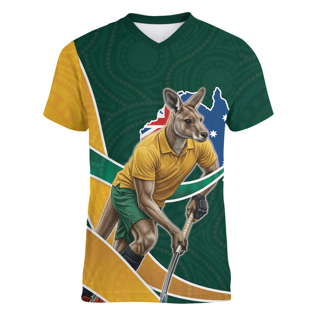 Personalized Kookaburras Field Hockey Kangaroo Women V-Neck T-Shirt Australian Flag Map With Abstract Green And Gold Wave Pattern