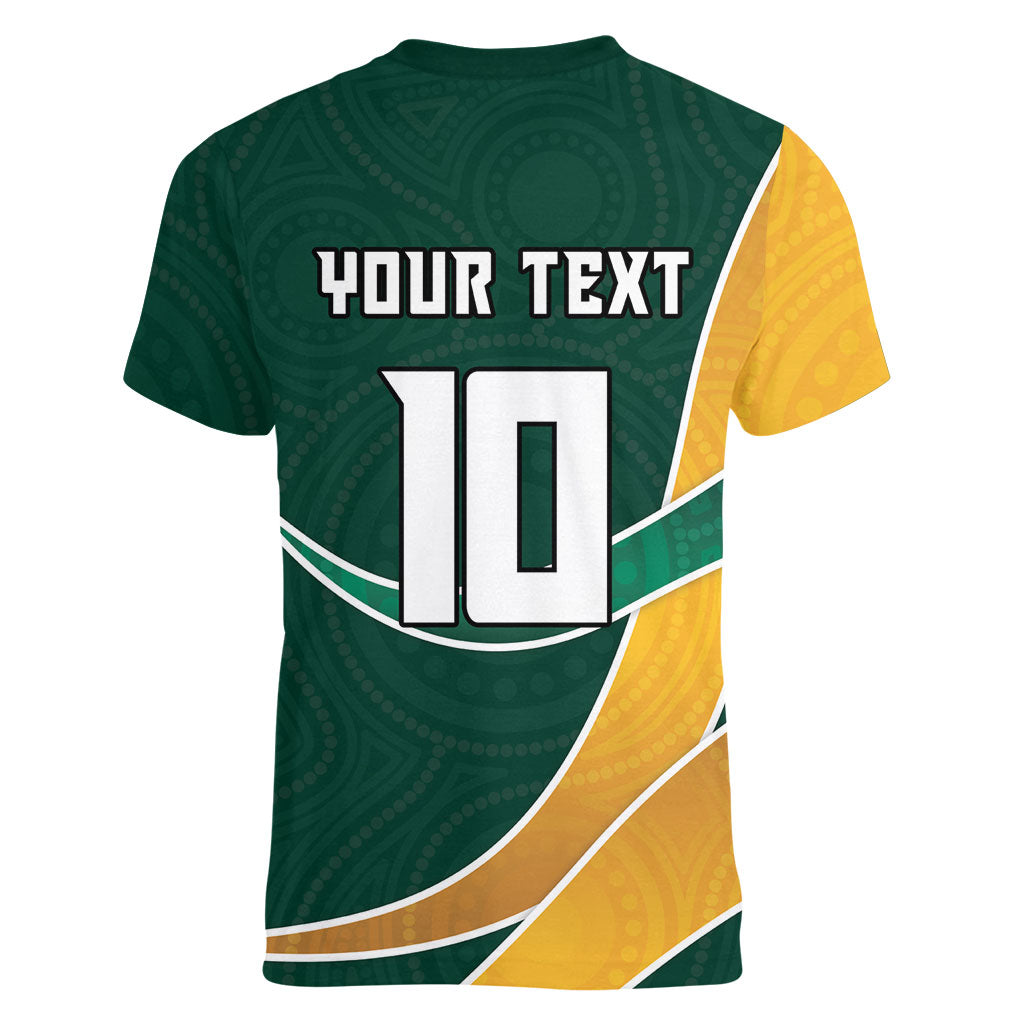 Personalized Kookaburras Field Hockey Kangaroo Women V-Neck T-Shirt Australian Flag Map With Abstract Green And Gold Wave Pattern