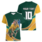 Personalized Kookaburras Field Hockey Kangaroo Women V-Neck T-Shirt Australian Flag Map With Abstract Green And Gold Wave Pattern