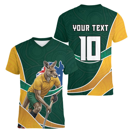 Personalized Kookaburras Field Hockey Kangaroo Women V-Neck T-Shirt Australian Flag Map With Abstract Green And Gold Wave Pattern
