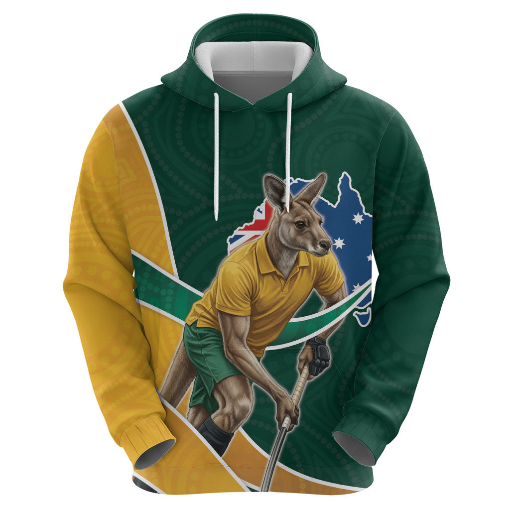 Personalized Kookaburras Field Hockey Kangaroo Zip Hoodie Australian Flag Map With Abstract Green And Gold Wave Pattern