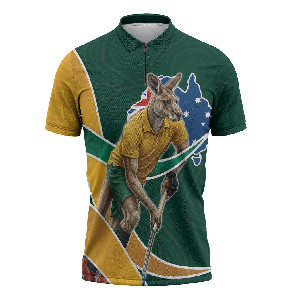 Personalized Kookaburras Field Hockey Kangaroo Zipper Polo Shirt Australian Flag Map With Abstract Green And Gold Wave Pattern
