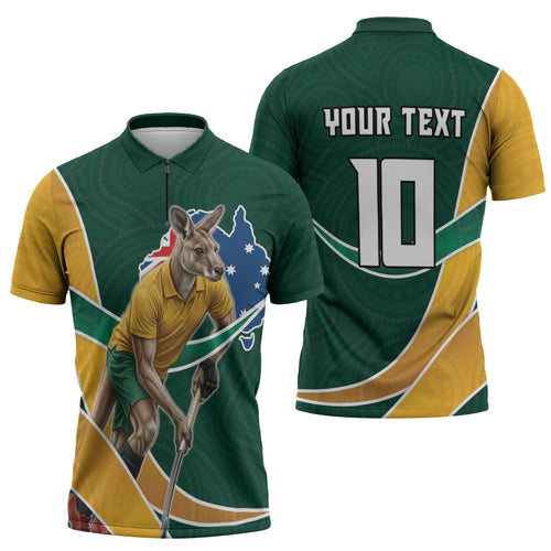Personalized Kookaburras Field Hockey Kangaroo Zipper Polo Shirt Australian Flag Map With Abstract Green And Gold Wave Pattern