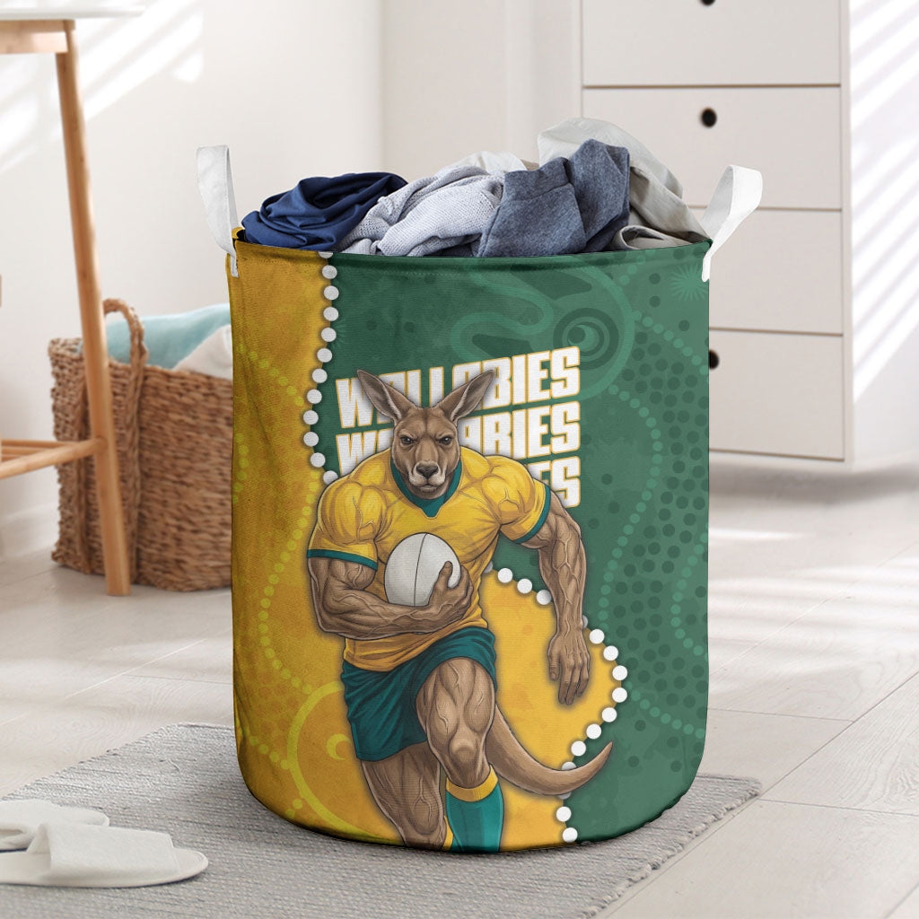 Australia Wallabies Rugby Mascot Laundry Basket Indigenous Dot Art Style - Muscular Kangaroo Graphic