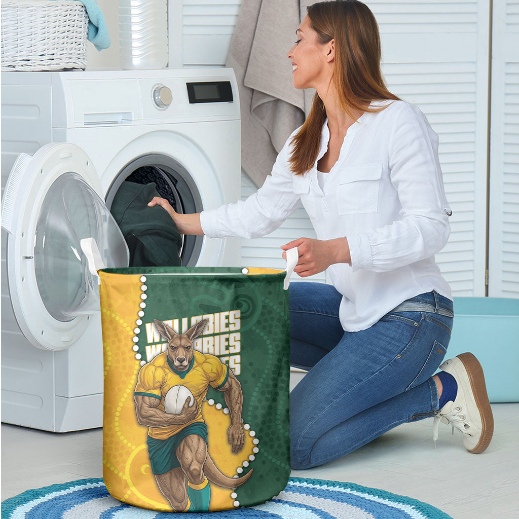 Australia Wallabies Rugby Mascot Laundry Basket Indigenous Dot Art Style - Muscular Kangaroo Graphic