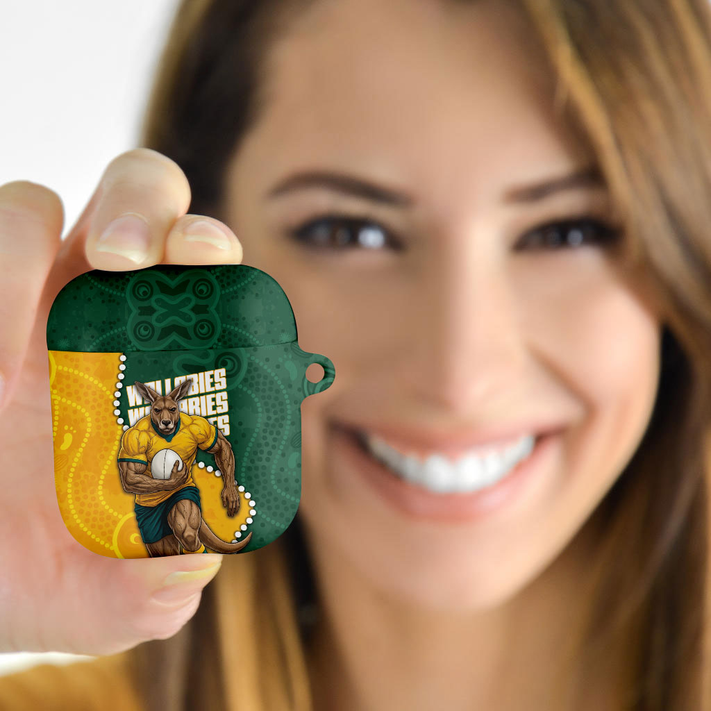 Australia Wallabies Rugby Mascot AirPods Case Indigenous Dot Art Style - Muscular Kangaroo Graphic