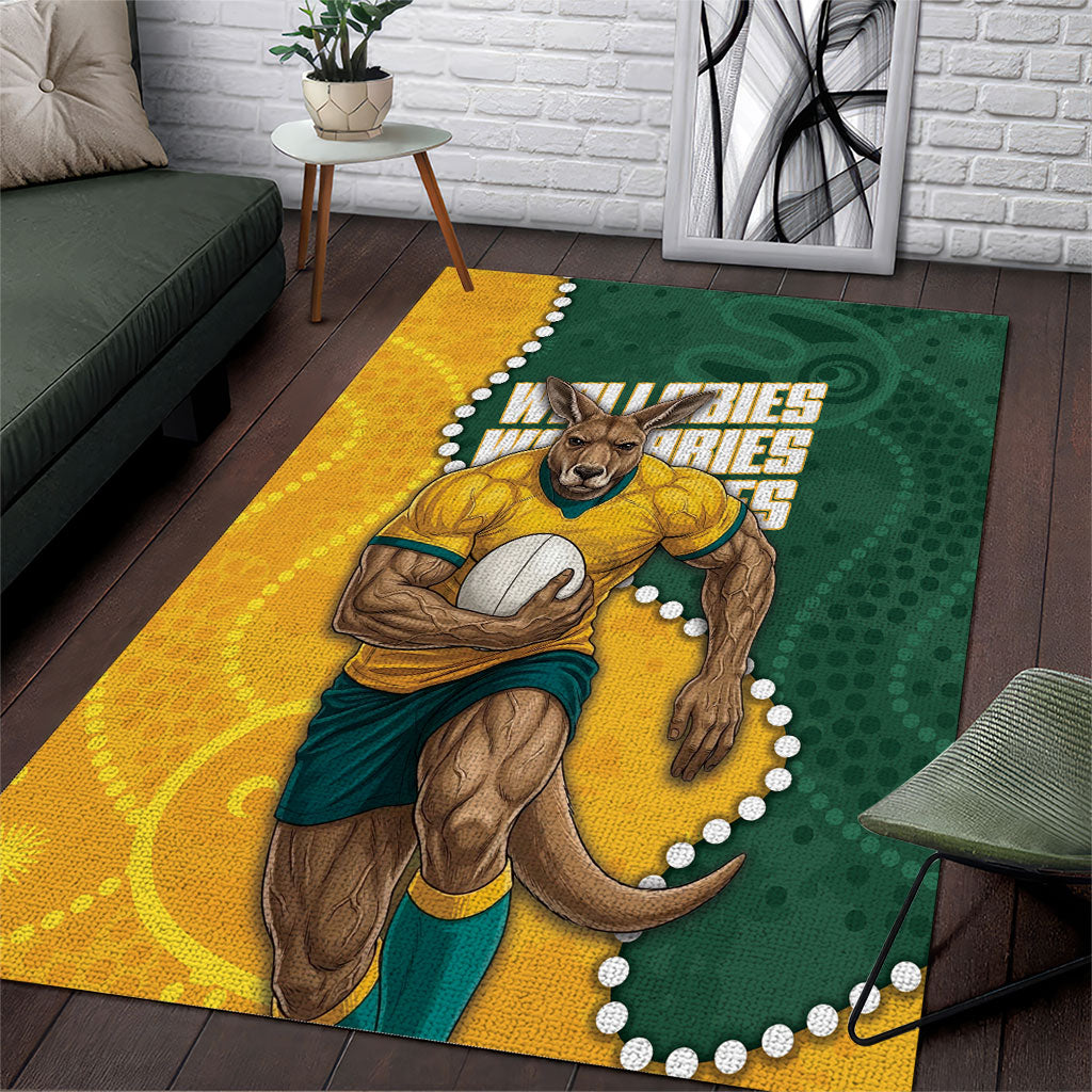 Australia Wallabies Rugby Mascot Area Rug Indigenous Dot Art Style - Muscular Kangaroo Graphic
