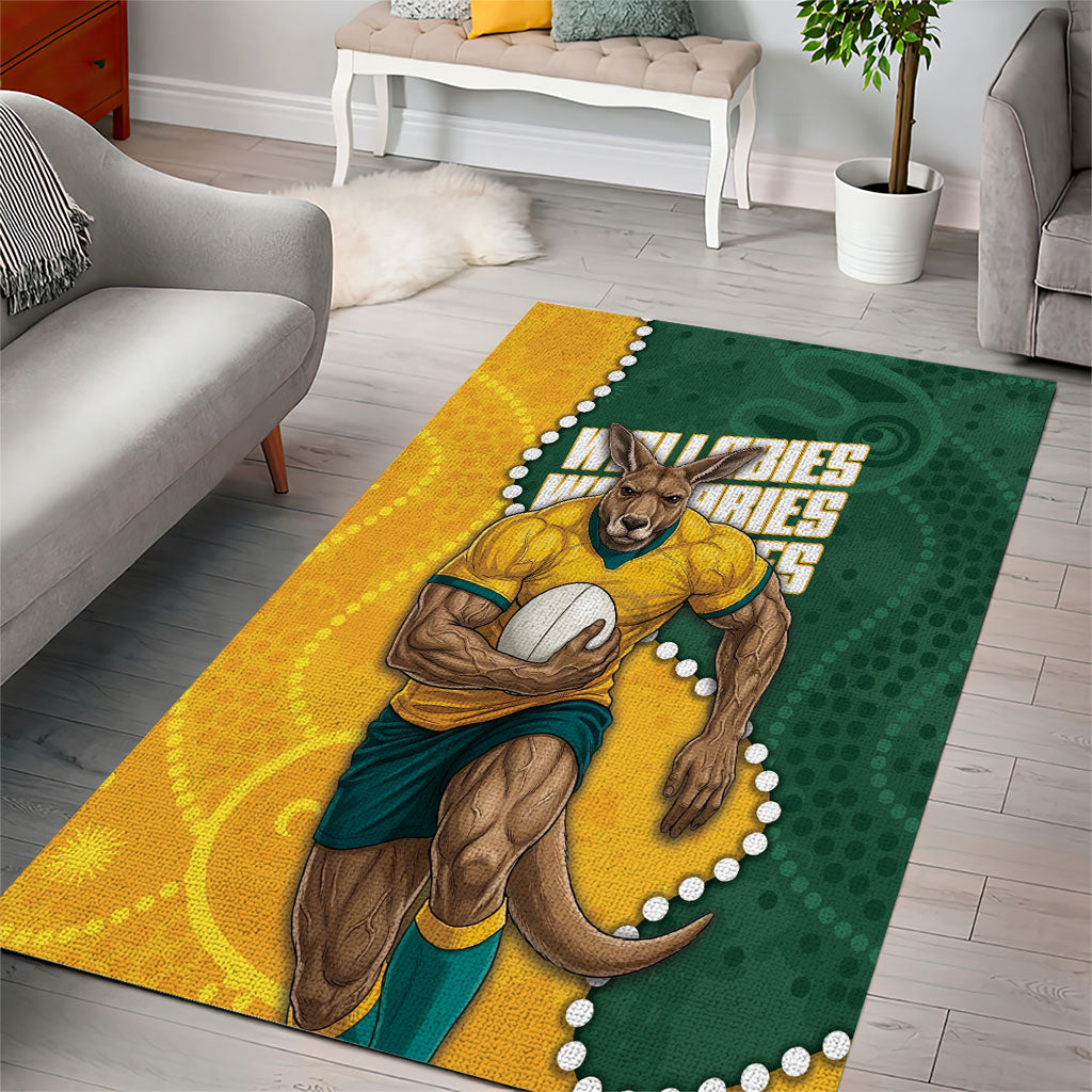 Australia Wallabies Rugby Mascot Area Rug Indigenous Dot Art Style - Muscular Kangaroo Graphic