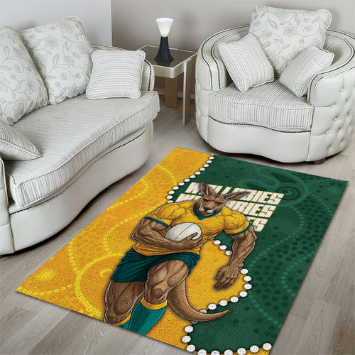 Australia Wallabies Rugby Mascot Area Rug Indigenous Dot Art Style - Muscular Kangaroo Graphic
