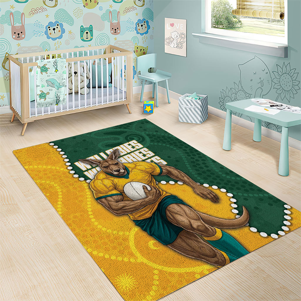 Australia Wallabies Rugby Mascot Area Rug Indigenous Dot Art Style - Muscular Kangaroo Graphic