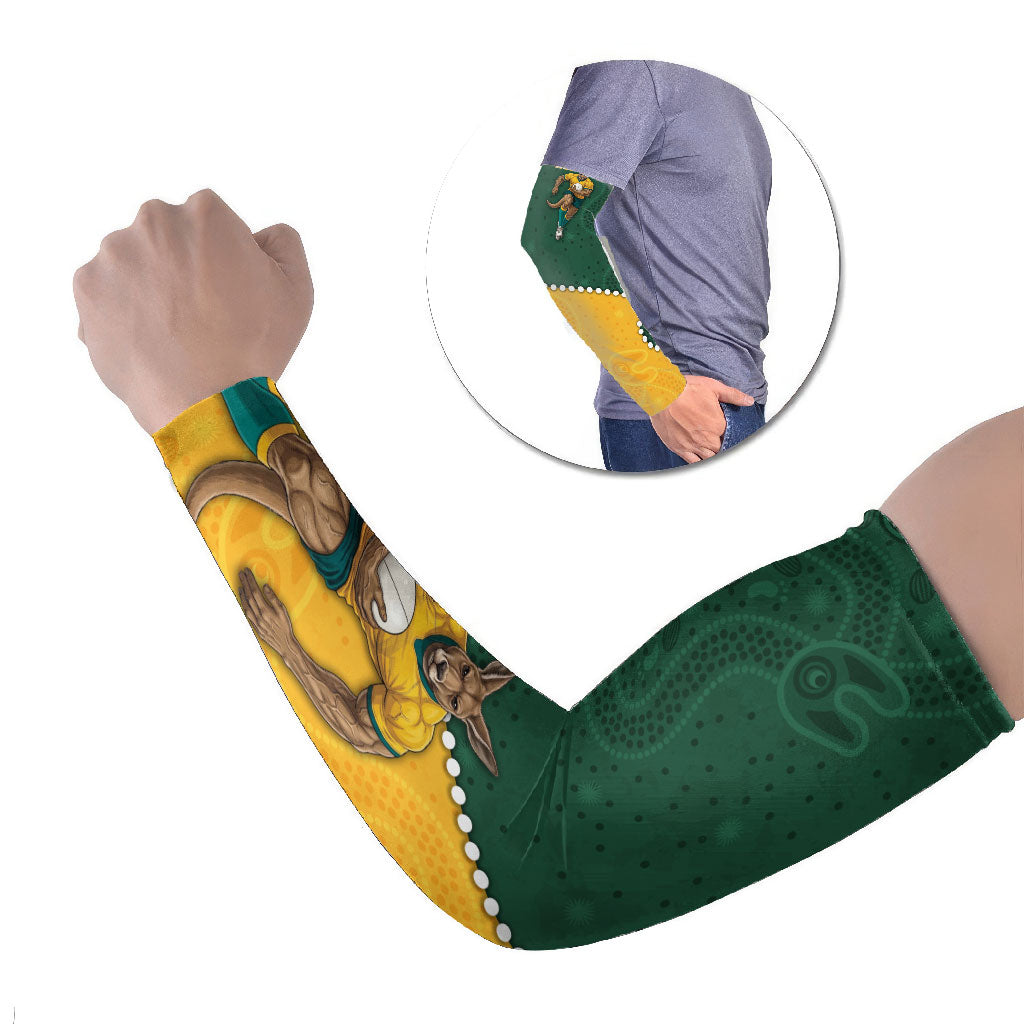Australia Wallabies Rugby Mascot Arm Sleeves Indigenous Dot Art Style - Muscular Kangaroo Graphic