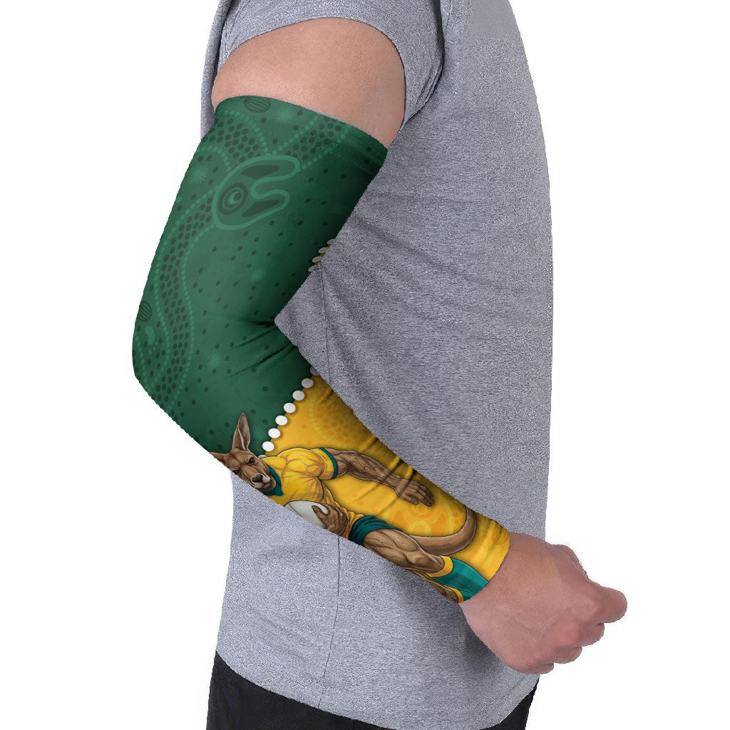 Australia Wallabies Rugby Mascot Arm Sleeves Indigenous Dot Art Style - Muscular Kangaroo Graphic