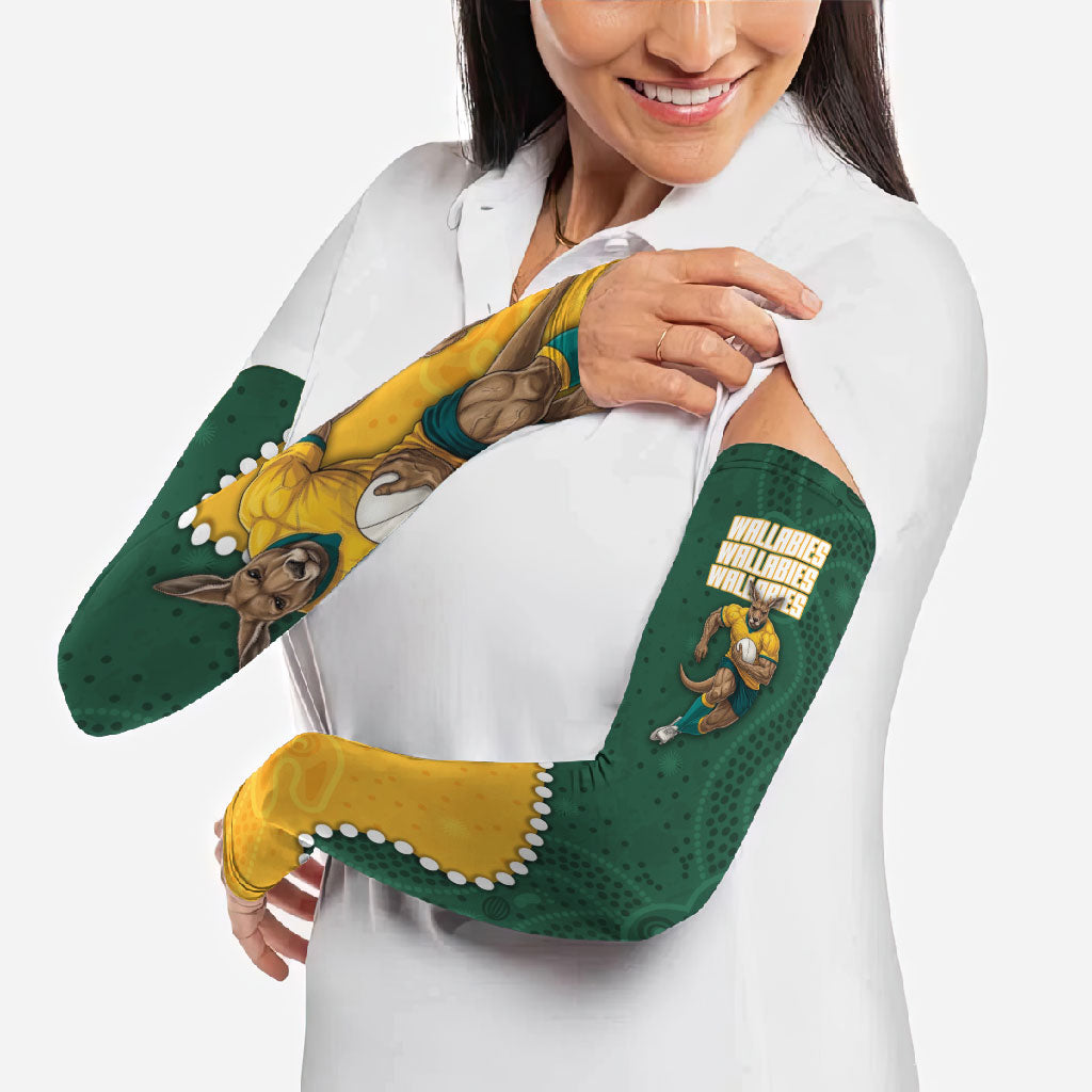 Australia Wallabies Rugby Mascot Arm Sleeves Indigenous Dot Art Style - Muscular Kangaroo Graphic