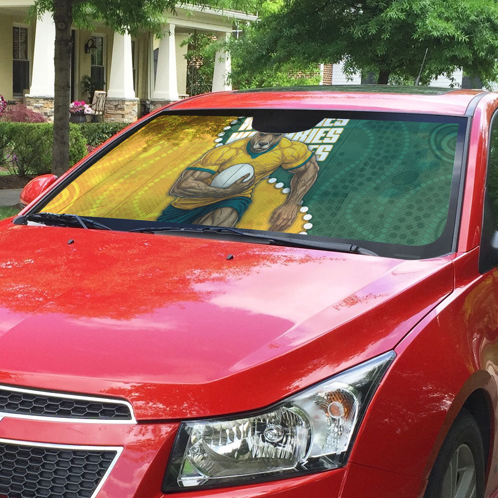 Australia Wallabies Rugby Mascot Auto Sun Shade Indigenous Dot Art Style - Muscular Kangaroo Graphic