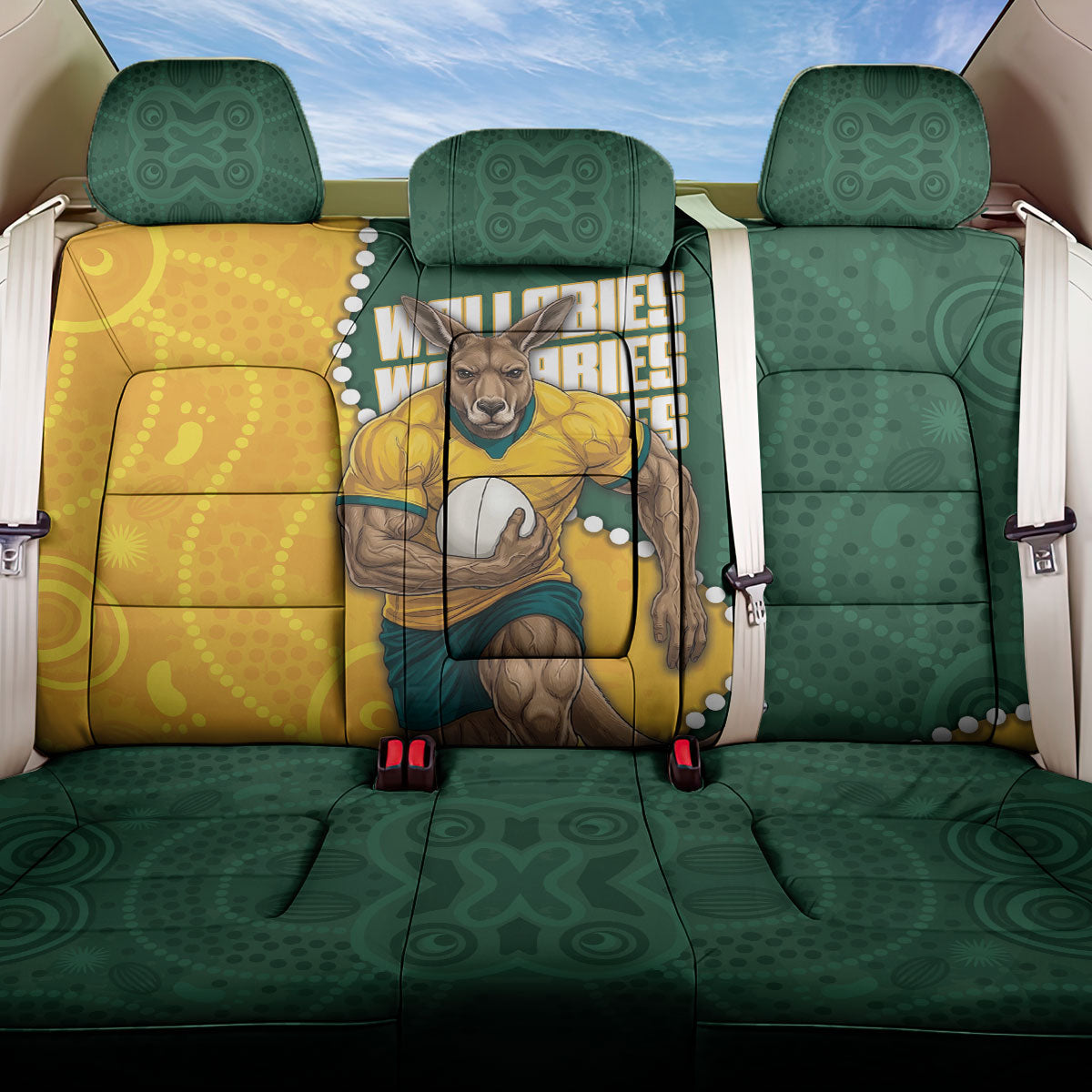 Australia Wallabies Rugby Mascot Back Car Seat Cover Indigenous Dot Art Style - Muscular Kangaroo Graphic