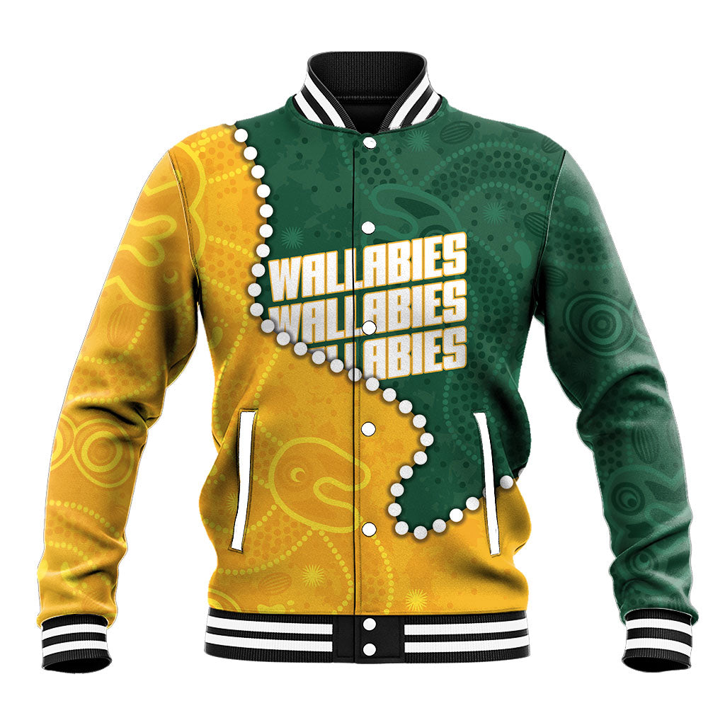Australia Wallabies Rugby Mascot Baseball Jacket Indigenous Dot Art Style - Muscular Kangaroo Graphic