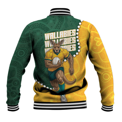 Australia Wallabies Rugby Mascot Baseball Jacket Indigenous Dot Art Style - Muscular Kangaroo Graphic