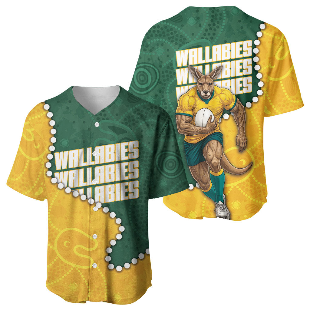 Australia Wallabies Rugby Mascot Baseball Jersey Indigenous Dot Art Style - Muscular Kangaroo Graphic