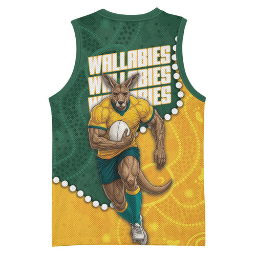 Australia Wallabies Rugby Mascot Basketball Jersey Indigenous Dot Art Style - Muscular Kangaroo Graphic