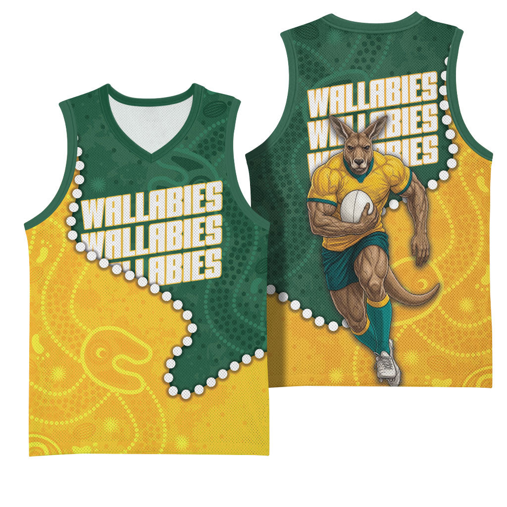 Australia Wallabies Rugby Mascot Basketball Jersey Indigenous Dot Art Style - Muscular Kangaroo Graphic