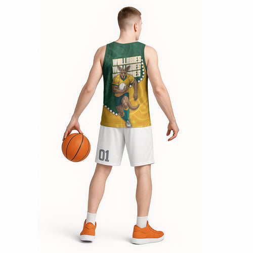 Australia Wallabies Rugby Mascot Basketball Jersey Indigenous Dot Art Style - Muscular Kangaroo Graphic