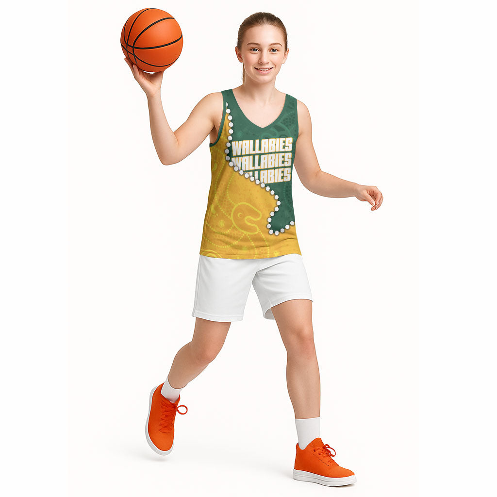 Australia Wallabies Rugby Mascot Basketball Jersey Indigenous Dot Art Style - Muscular Kangaroo Graphic