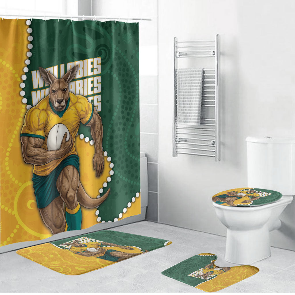 Australia Wallabies Rugby Mascot Bathroom Set Indigenous Dot Art Style - Muscular Kangaroo Graphic