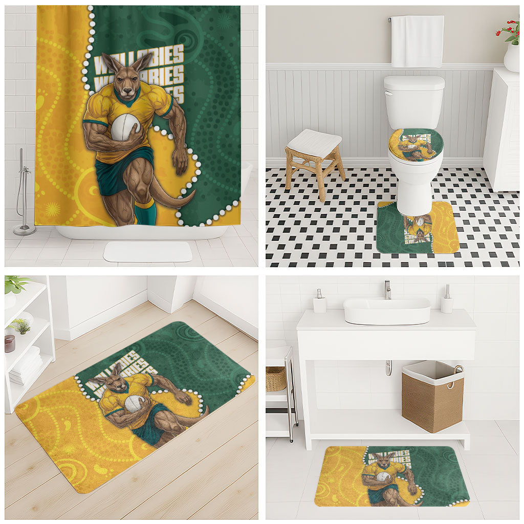 Australia Wallabies Rugby Mascot Bathroom Set Indigenous Dot Art Style - Muscular Kangaroo Graphic