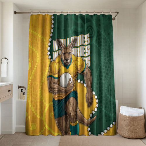 Australia Wallabies Rugby Mascot Bathroom Set Indigenous Dot Art Style - Muscular Kangaroo Graphic