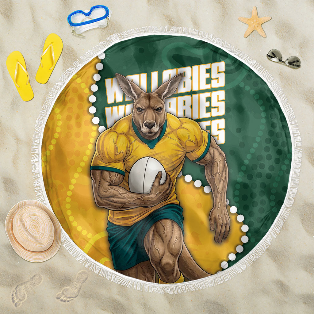 Australia Wallabies Rugby Mascot Beach Blanket Indigenous Dot Art Style - Muscular Kangaroo Graphic