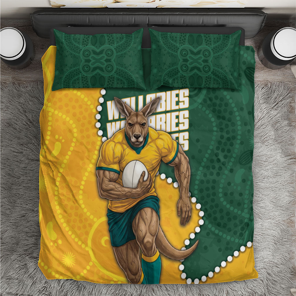 Australia Wallabies Rugby Mascot Bedding Set Indigenous Dot Art Style - Muscular Kangaroo Graphic