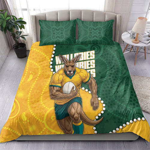 Australia Wallabies Rugby Mascot Bedding Set Indigenous Dot Art Style - Muscular Kangaroo Graphic