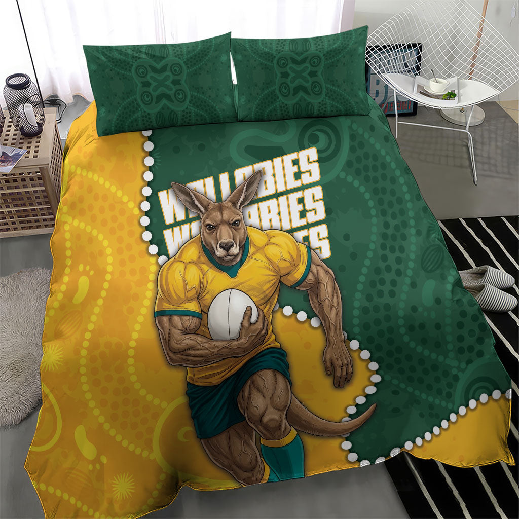 Australia Wallabies Rugby Mascot Bedding Set Indigenous Dot Art Style - Muscular Kangaroo Graphic