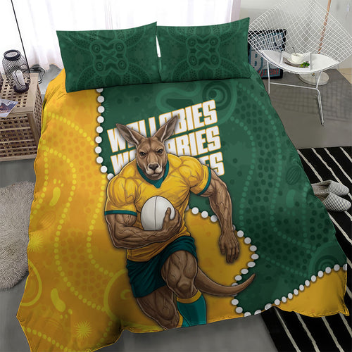Australia Wallabies Rugby Mascot Bedding Set Indigenous Dot Art Style - Muscular Kangaroo Graphic