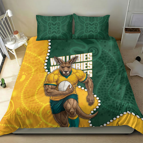 Australia Wallabies Rugby Mascot Bedding Set Indigenous Dot Art Style - Muscular Kangaroo Graphic